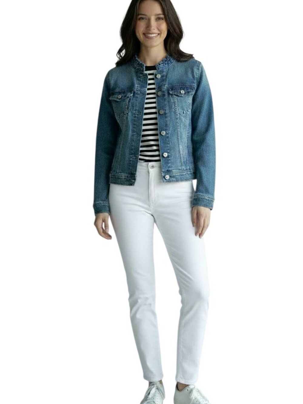 Talbots Sz XS Ruffle Trim Denim Jean Blue Button Up Cottagecore Boho LS Jacket
